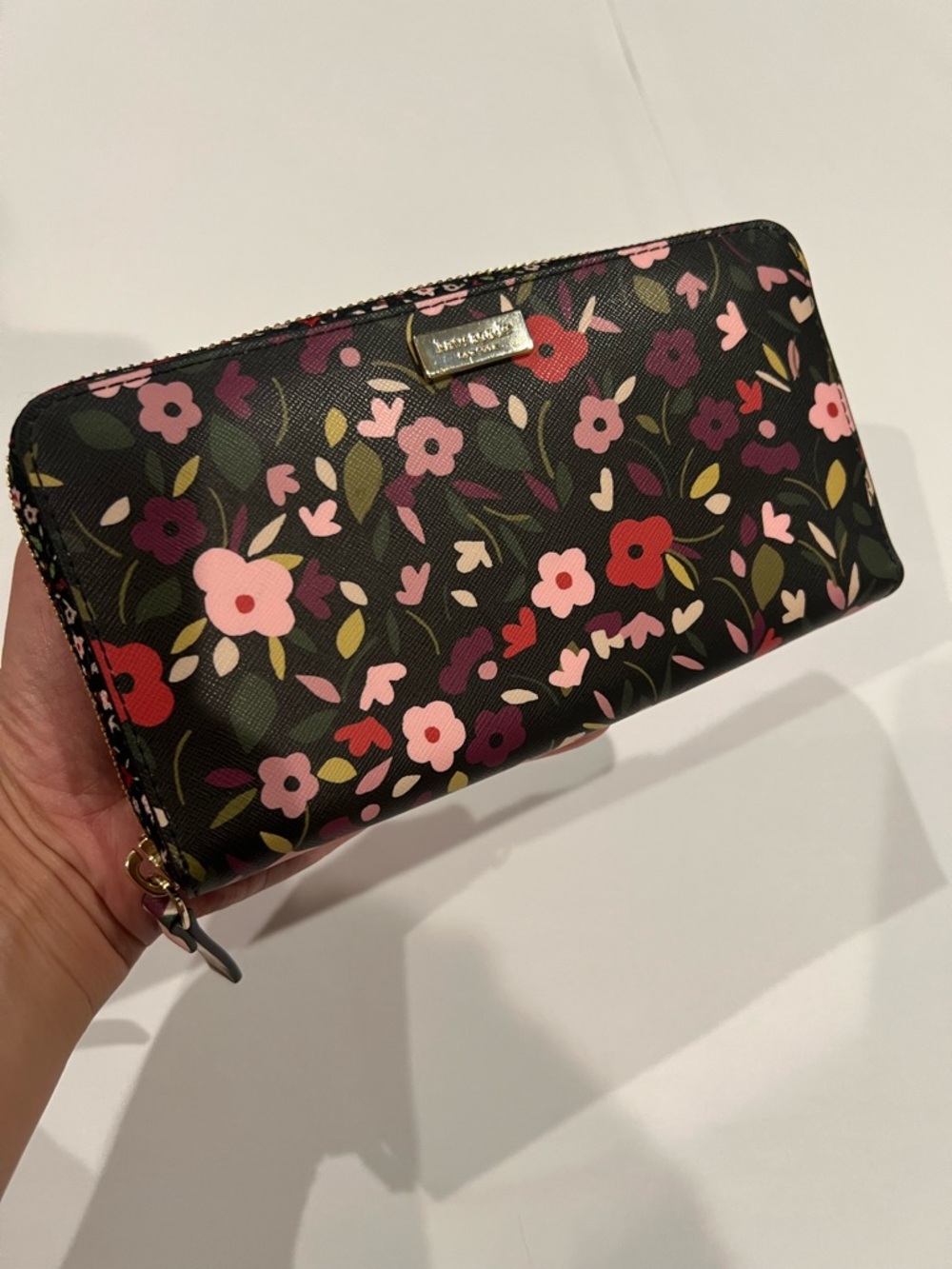 kate spade Black Floral Zip Around Wallet with Pink & Red Blooms